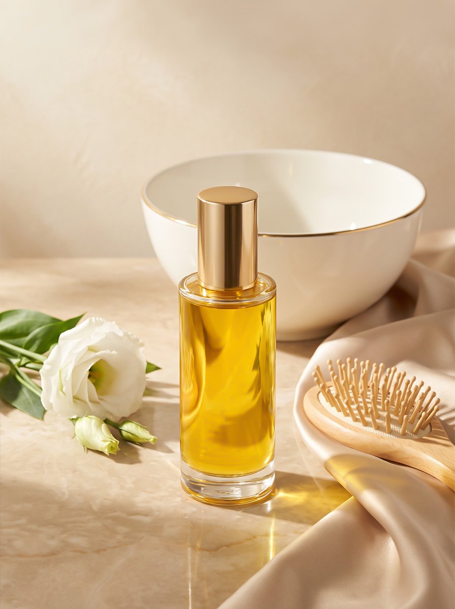 Golden beauty oil, a wooden hairbrush, a white flower and a ceramic bowl on a marble surface